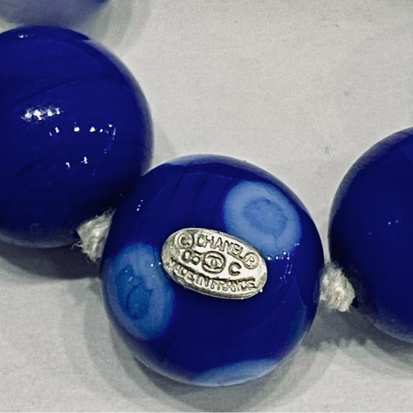 Chanel Spotted Glass Bead Long Silk Ribbon Blue Necklace - Picture 7 of 8